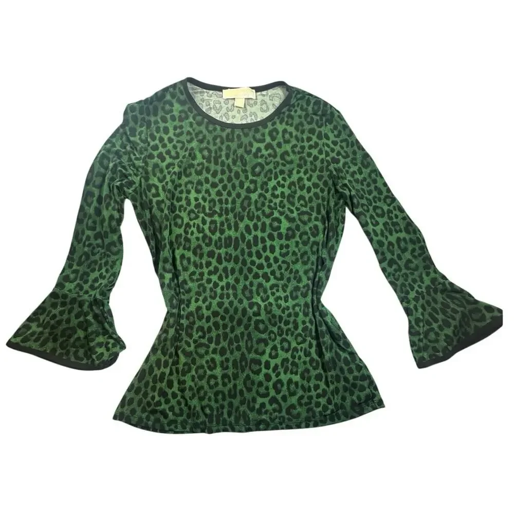 Michael Kors Leopard Bell Sleeve Top Green Small